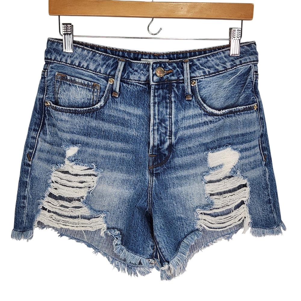 Good American Bombshell Short Blue Distressed Denim Cut Off Shorts Size 2/26‎